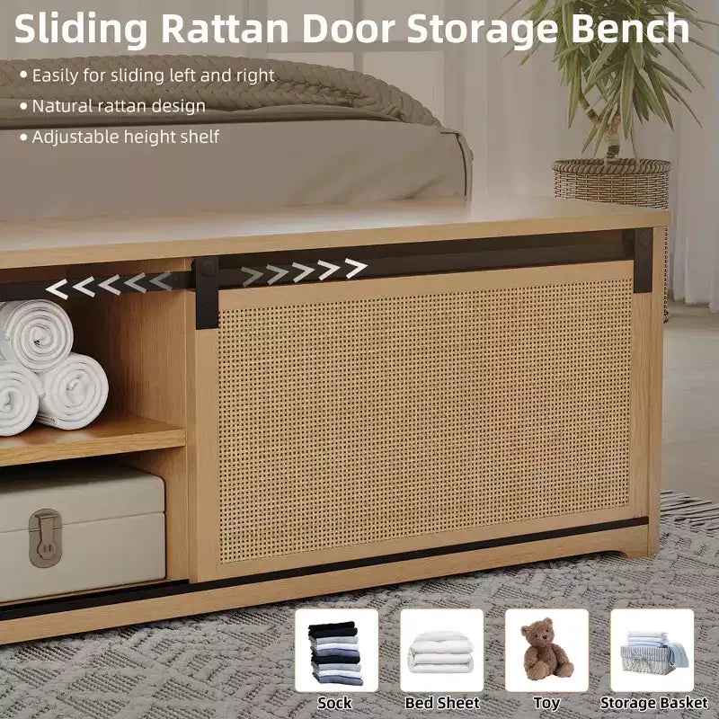 Struttura letto a piattaforma in rattan Acekool con panca contenitore, luci LED, controllo tramite app, testiera in vimini, supporto senza rumore, nessun bisogno di rete a molle