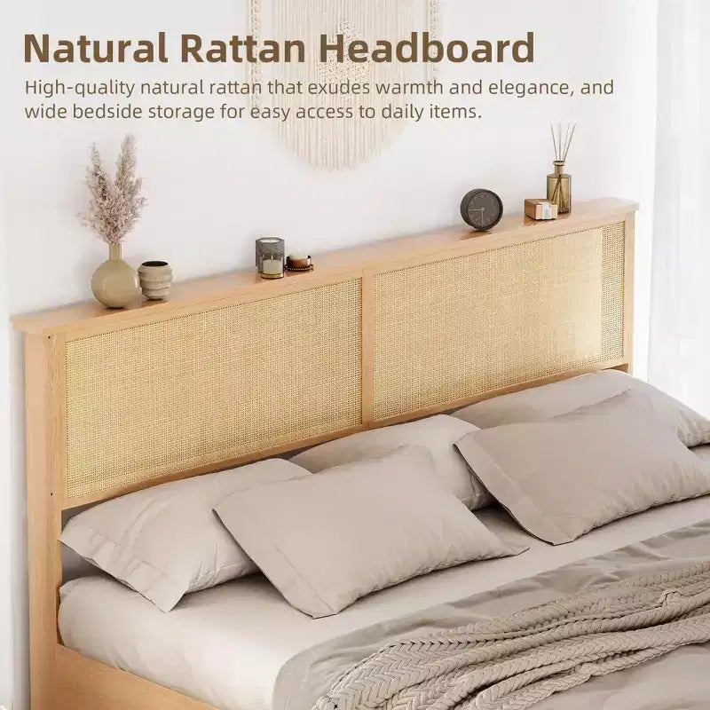 Struttura letto a piattaforma in rattan Acekool con panca contenitore, luci LED, controllo tramite app, testiera in vimini, supporto senza rumore, nessun bisogno di rete a molle