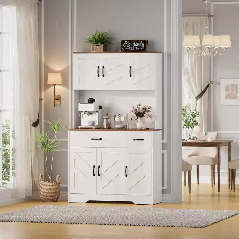 71 Armadio dispensa con stazione di ricarica, mobile da cucina con piano di lavoro e cassetto, dispensa rustica con supporto per microonde