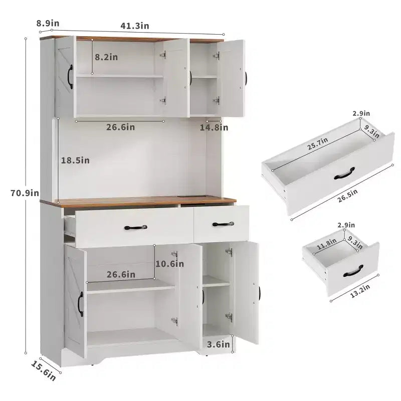 71 Armadio dispensa con stazione di ricarica, mobile da cucina con piano di lavoro e cassetto, dispensa rustica con supporto per microonde