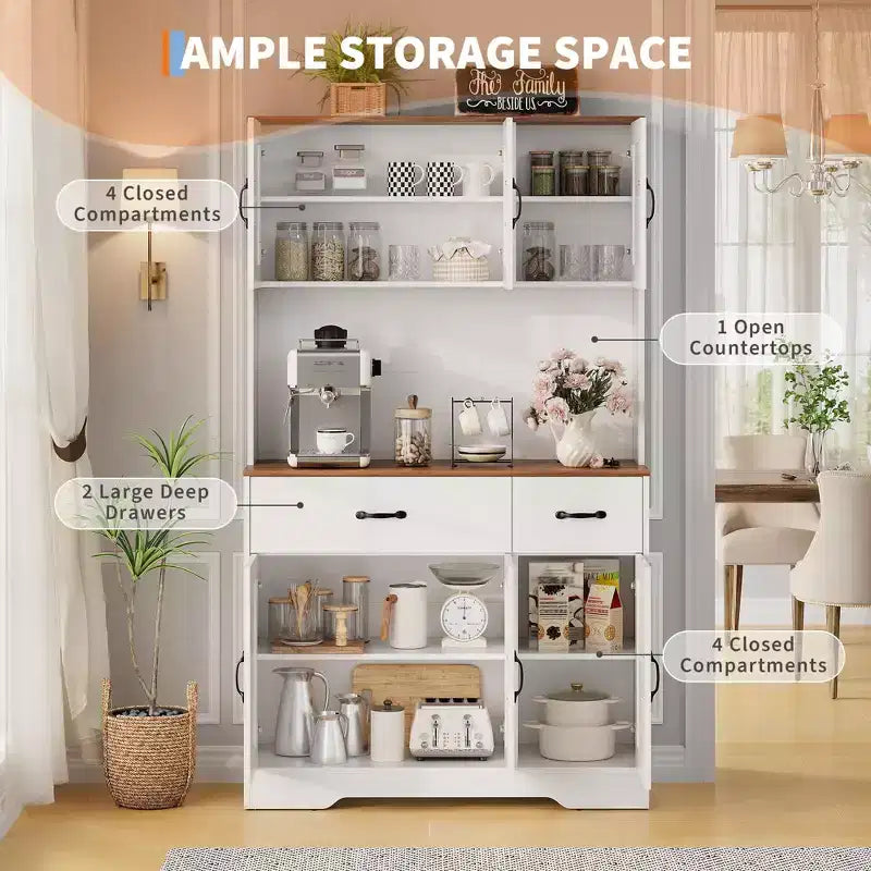 71 Armadio dispensa con stazione di ricarica, mobile da cucina con piano di lavoro e cassetto, dispensa rustica con supporto per microonde