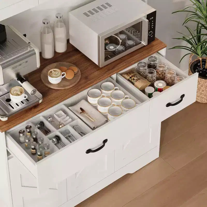 71 Armadio dispensa con stazione di ricarica, mobile da cucina con piano di lavoro e cassetto, dispensa rustica con supporto per microonde