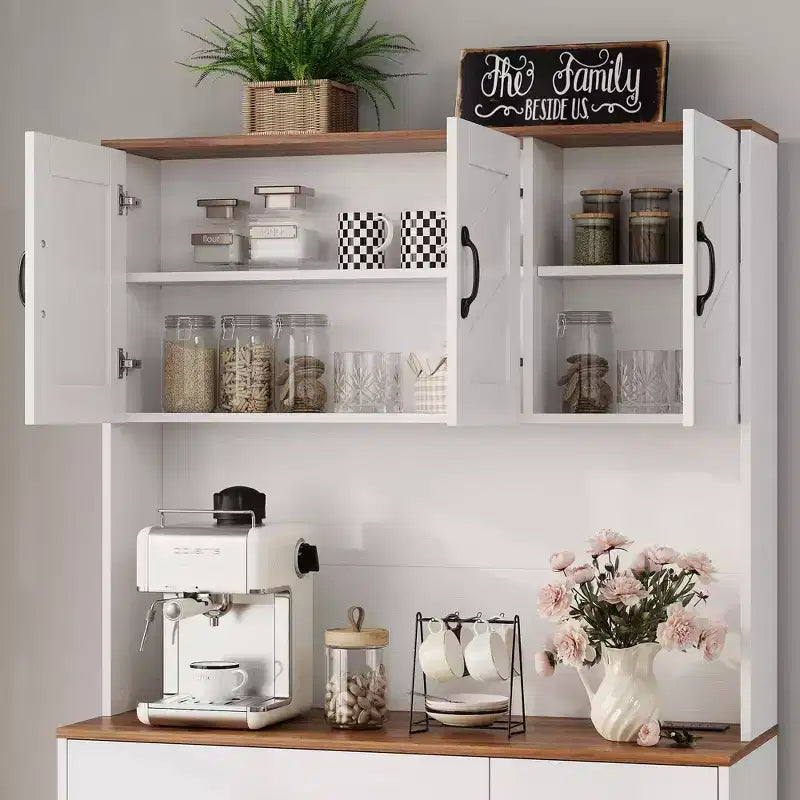 71 Armadio dispensa con stazione di ricarica, mobile da cucina con piano di lavoro e cassetto, dispensa rustica con supporto per microonde
