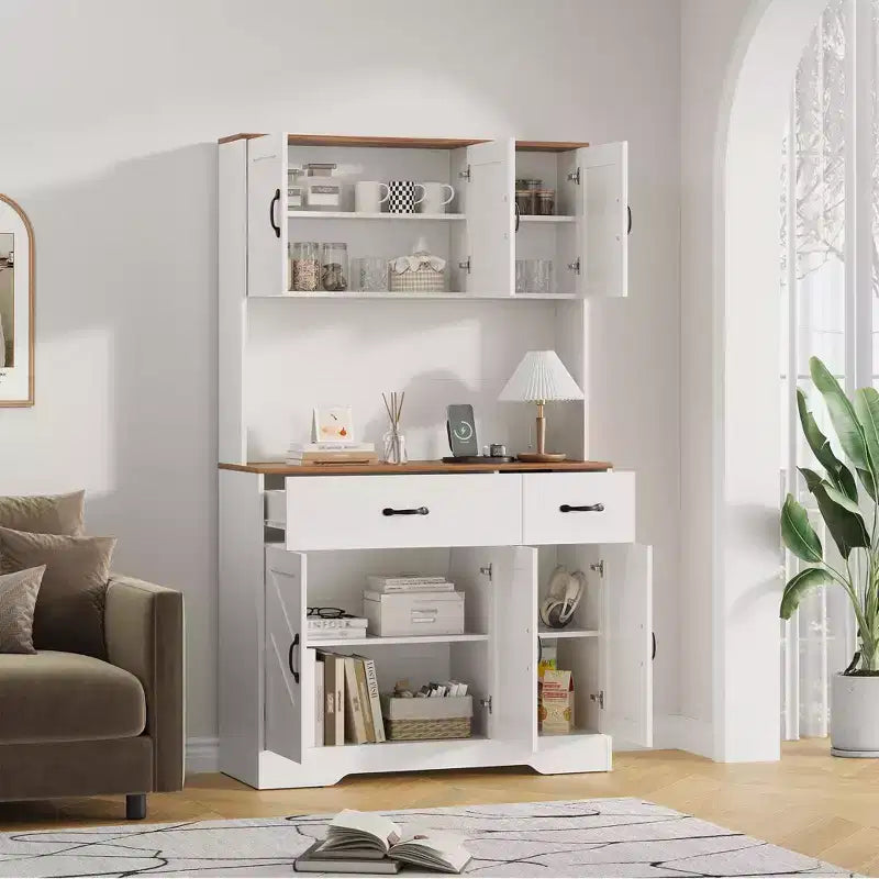 71 Armadio dispensa con stazione di ricarica, mobile da cucina con piano di lavoro e cassetto, dispensa rustica con supporto per microonde