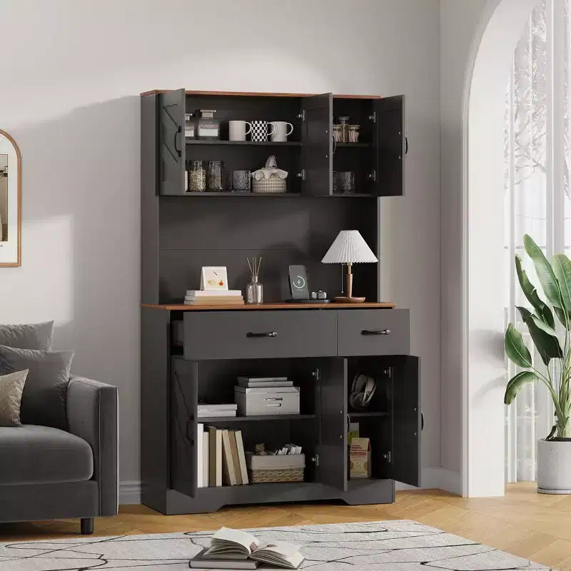 71 Armadio dispensa con stazione di ricarica, mobile da cucina con piano di lavoro e cassetto, dispensa rustica con supporto per microonde