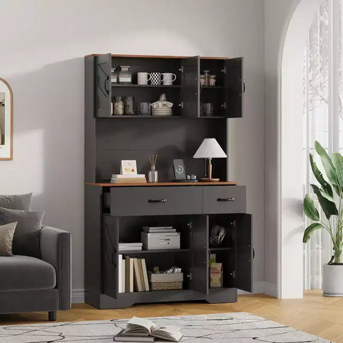 71 Armadio dispensa con stazione di ricarica, mobile da cucina con piano di lavoro e cassetto, dispensa rustica con supporto per microonde
