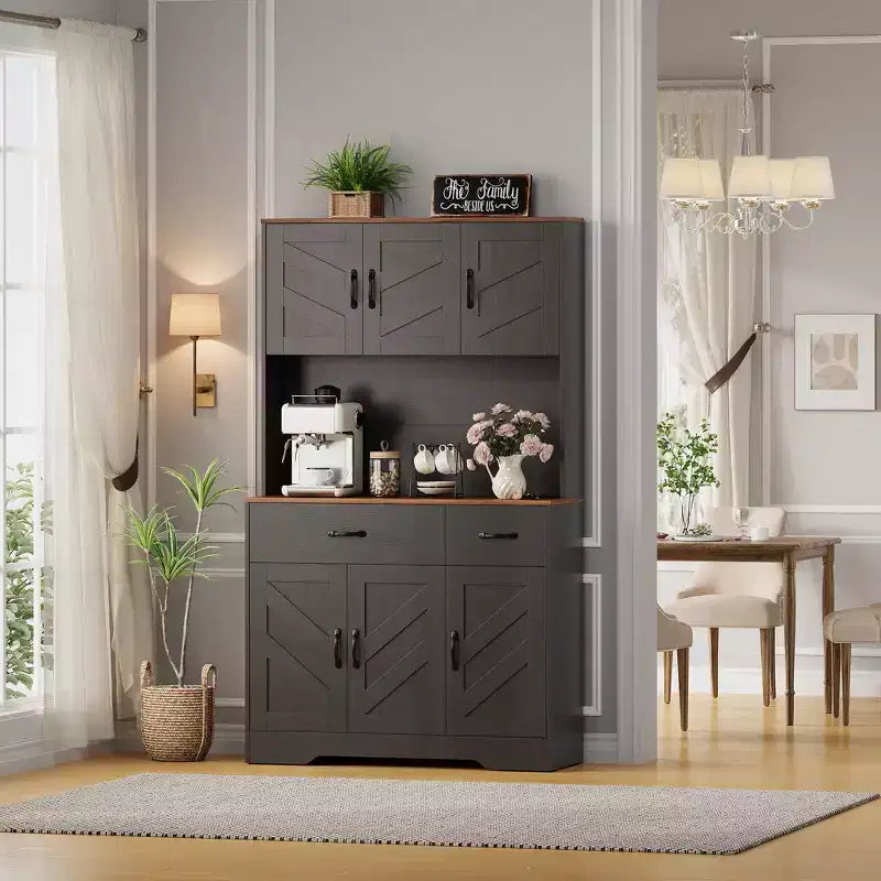 71 Armadio dispensa con stazione di ricarica, mobile da cucina con piano di lavoro e cassetto, dispensa rustica con supporto per microonde
