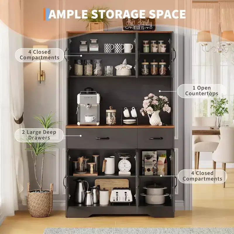 71 Armadio dispensa con stazione di ricarica, mobile da cucina con piano di lavoro e cassetto, dispensa rustica con supporto per microonde