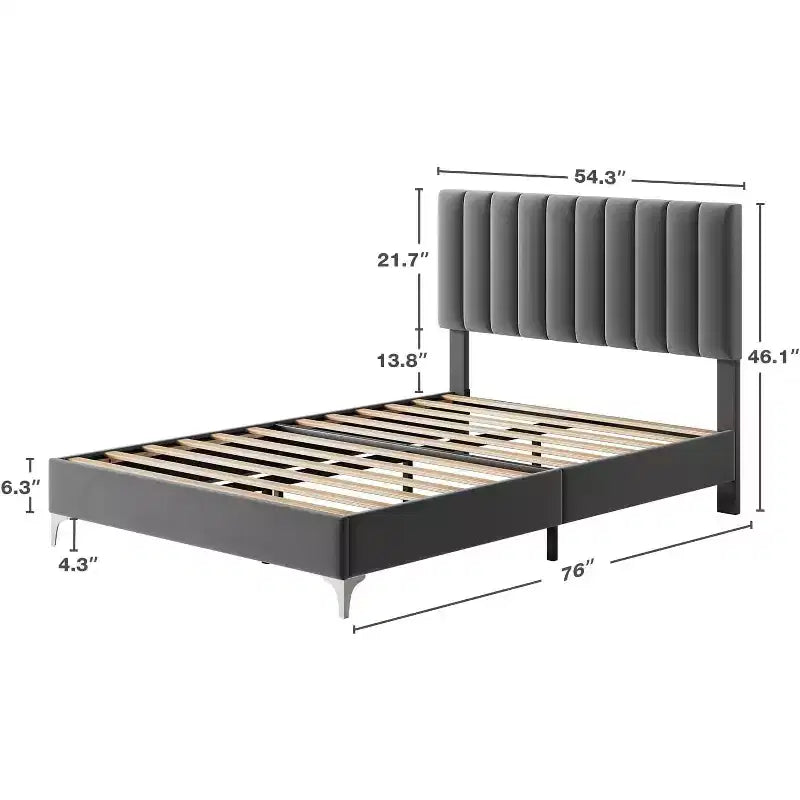 Struttura Letto con Testiera Regolabile, Struttura Letto a Piattaforma Rivestita in Velluto con Supporto a Doghe in Legno, Struttura Letto Matrimoniale con Spazio Sottostante