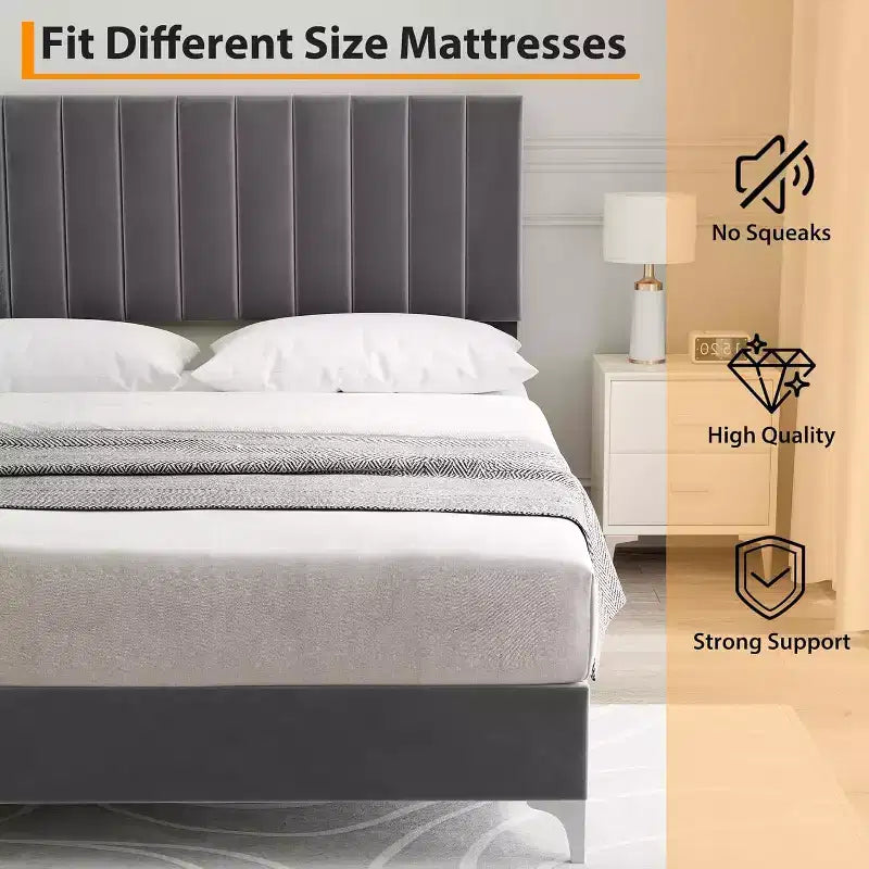 Struttura Letto con Testiera Regolabile, Struttura Letto a Piattaforma Rivestita in Velluto con Supporto a Doghe in Legno, Struttura Letto Matrimoniale con Spazio Sottostante