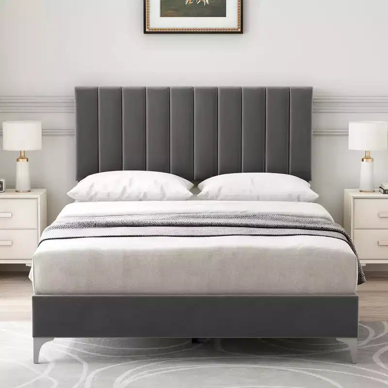 Struttura Letto con Testiera Regolabile, Struttura Letto a Piattaforma Rivestita in Velluto con Supporto a Doghe in Legno, Struttura Letto Matrimoniale con Spazio Sottostante
