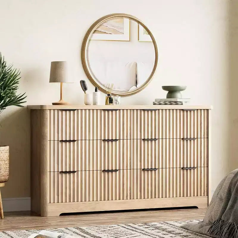 Cassettiera a 6 cassetti scanalati, mobile moderno con top ampio per camera da letto e soggiorno, robusta cassettiera in legno, mobile TV/organizer