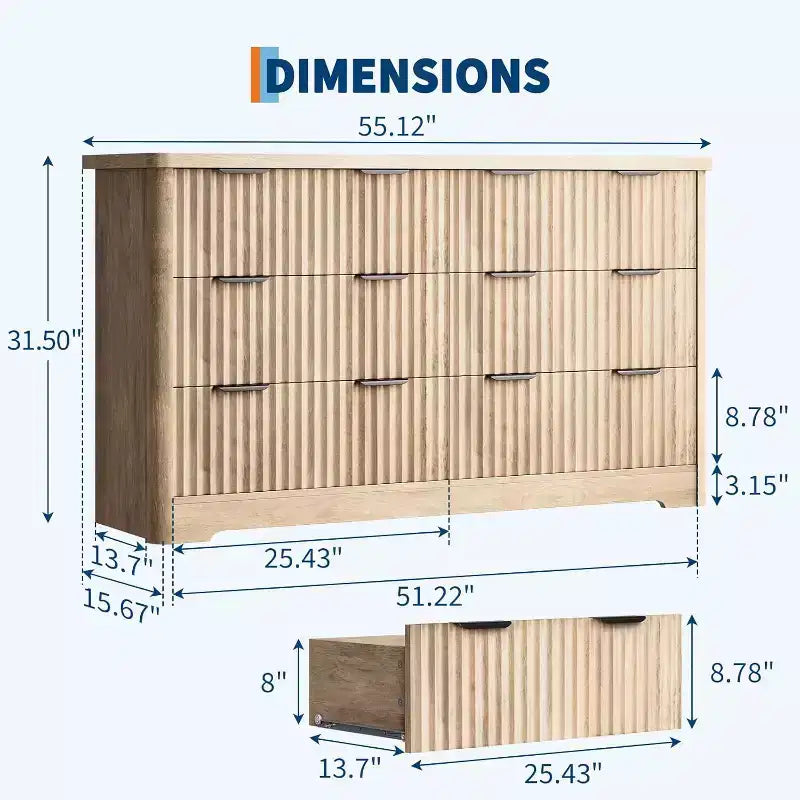 Cassettiera a 6 cassetti scanalati, mobile moderno con top ampio per camera da letto e soggiorno, robusta cassettiera in legno, mobile TV/organizer