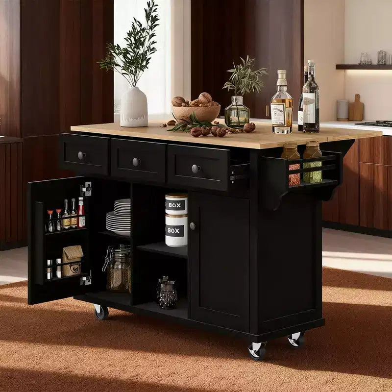 Carrello da Cucina con Piano a Ribalta in Legno di Gomma, Isola da Cucina con Ruote e Mobile Contenitore, Portaspezie Interno e 3 Cassetti, Nero