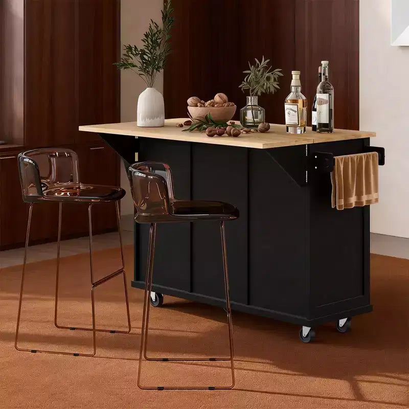Carrello da Cucina con Piano a Ribalta in Legno di Gomma, Isola da Cucina con Ruote e Mobile Contenitore, Portaspezie Interno e 3 Cassetti, Nero