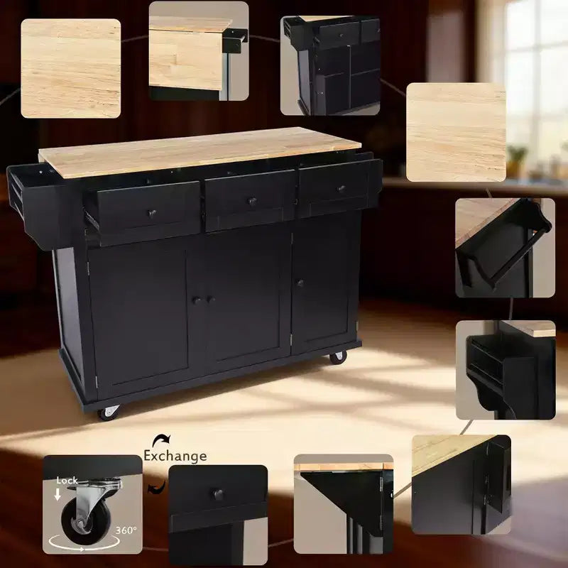 Carrello da Cucina con Piano a Ribalta in Legno di Gomma, Isola da Cucina con Ruote e Mobile Contenitore, Portaspezie Interno e 3 Cassetti, Nero