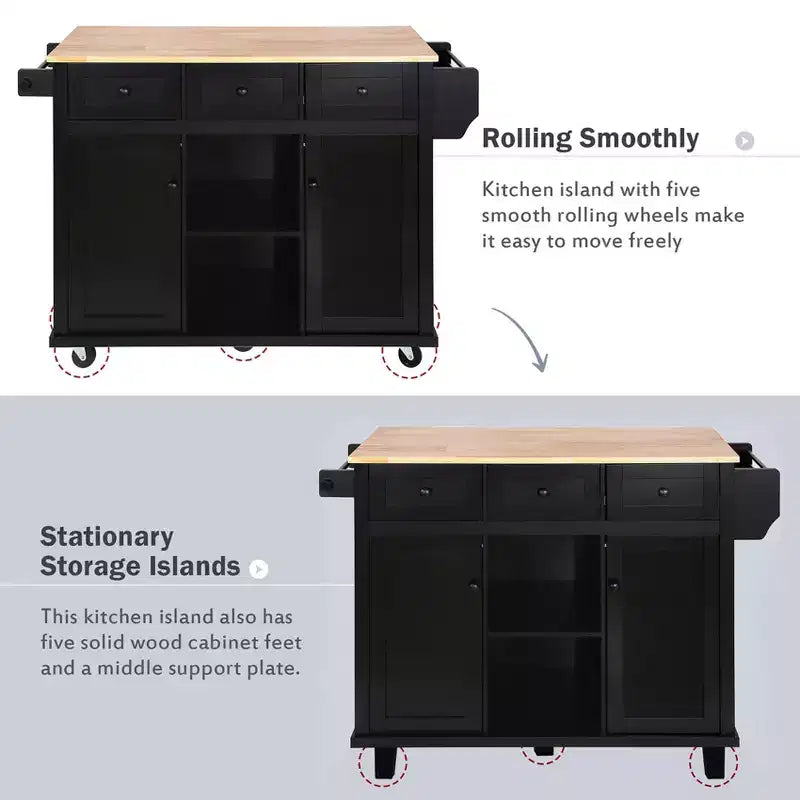 Carrello da Cucina con Piano a Ribalta in Legno di Gomma, Isola da Cucina con Ruote e Mobile Contenitore, Portaspezie Interno e 3 Cassetti, Nero