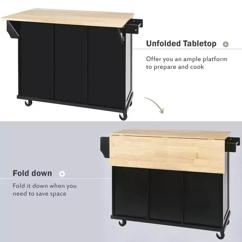Carrello da Cucina con Piano a Ribalta in Legno di Gomma, Isola da Cucina con Ruote e Mobile Contenitore, Portaspezie Interno e 3 Cassetti, Nero