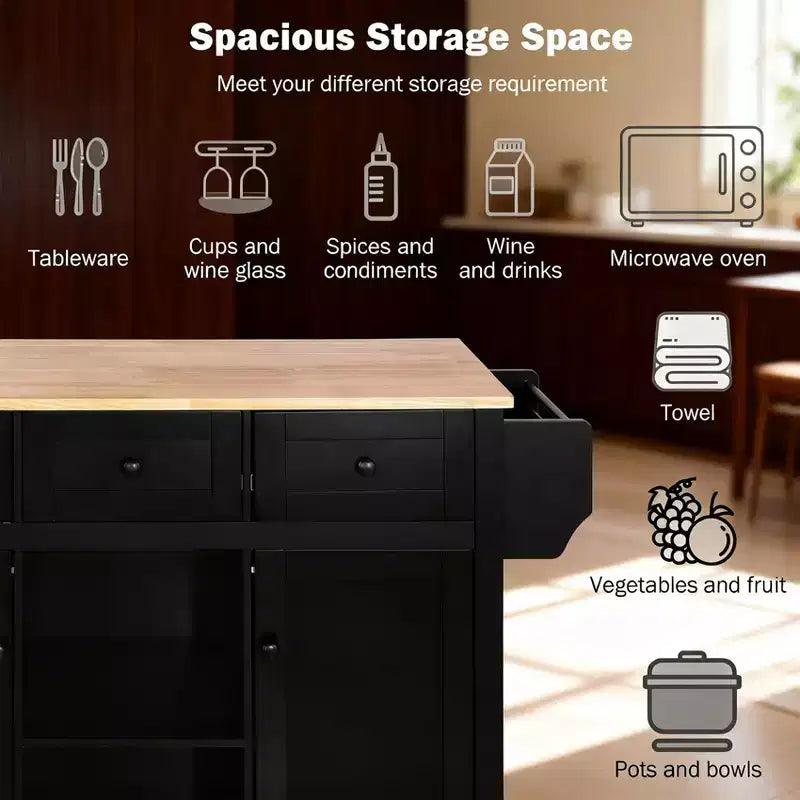 Carrello da Cucina con Piano a Ribalta in Legno di Gomma, Isola da Cucina con Ruote e Mobile Contenitore, Portaspezie Interno e 3 Cassetti, Nero