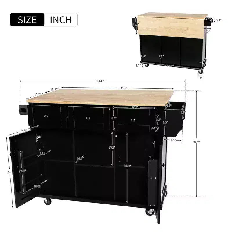 Carrello da Cucina con Piano a Ribalta in Legno di Gomma, Isola da Cucina con Ruote e Mobile Contenitore, Portaspezie Interno e 3 Cassetti, Nero