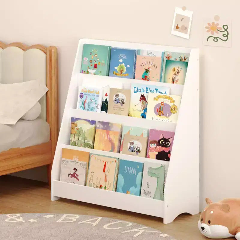 Libreria per bambini a 4 ripiani, Scaffali per libri per bambini piccoli, Aiuta a tenere in ordine camerette, sale giochi e aule, Bianco