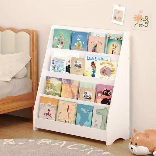 Libreria per bambini a 4 ripiani, Scaffali per libri per bambini piccoli, Aiuta a tenere in ordine camerette, sale giochi e aule, Bianco