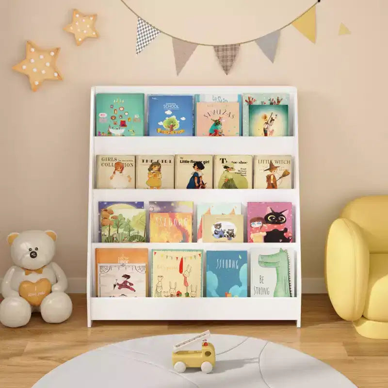 Libreria per bambini a 4 ripiani, Scaffali per libri per bambini piccoli, Aiuta a tenere in ordine camerette, sale giochi e aule, Bianco