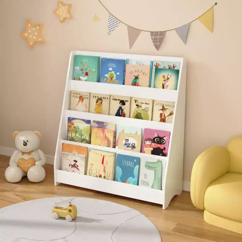 Libreria per bambini a 4 ripiani, Scaffali per libri per bambini piccoli, Aiuta a tenere in ordine camerette, sale giochi e aule, Bianco