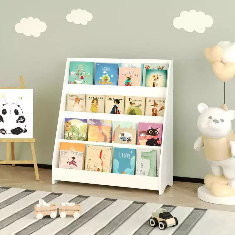 Libreria per bambini a 4 ripiani, Scaffali per libri per bambini piccoli, Aiuta a tenere in ordine camerette, sale giochi e aule, Bianco