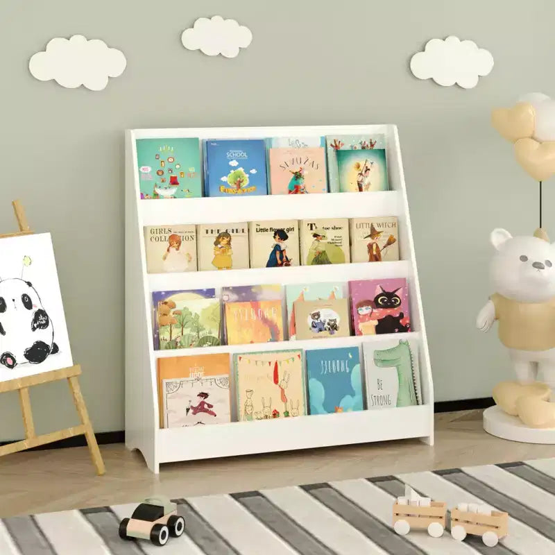 Libreria per bambini a 4 ripiani, Scaffali per libri per bambini piccoli, Aiuta a tenere in ordine camerette, sale giochi e aule, Bianco