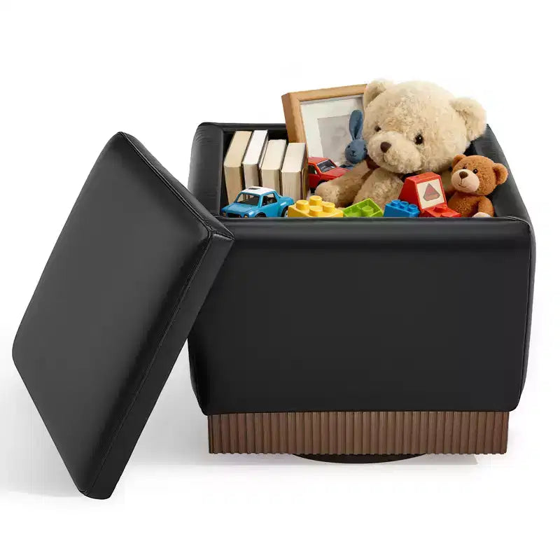Bekrvio Cubo Pouf Contenitore Girevole, Poggiapiedi in Pelle con Solida Struttura in Legno di Acacia, Tavolino da Salotto, Nessun Montaggio Richiesto