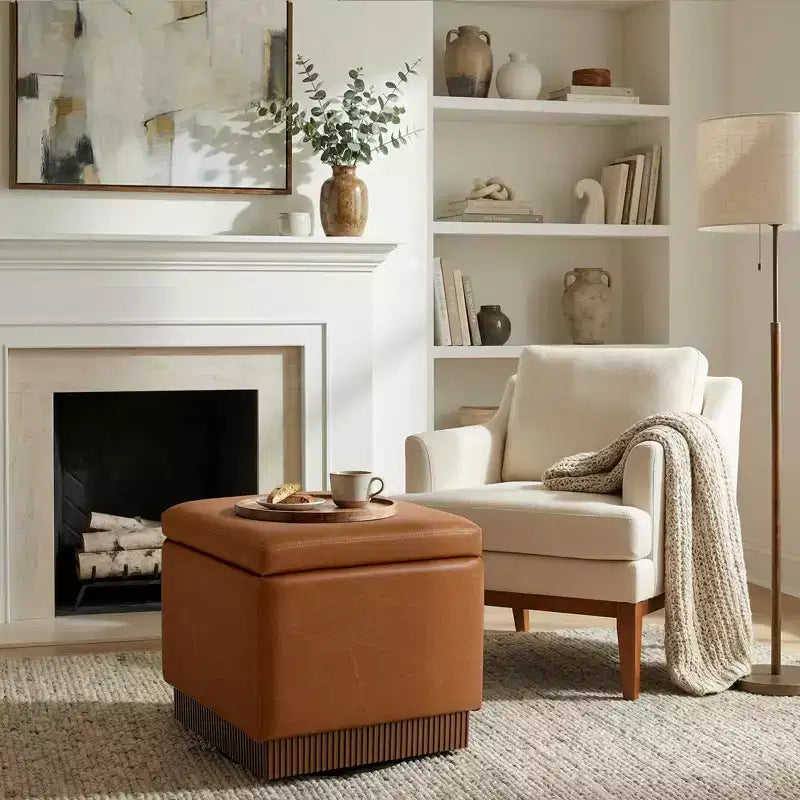 Bekrvio Cubo Pouf Contenitore Girevole, Poggiapiedi in Pelle con Solida Struttura in Legno di Acacia, Tavolino da Salotto, Nessun Montaggio Richiesto