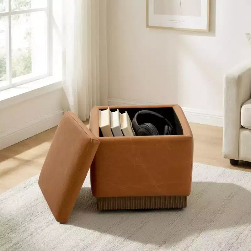 Bekrvio Cubo Pouf Contenitore Girevole, Poggiapiedi in Pelle con Solida Struttura in Legno di Acacia, Tavolino da Salotto, Nessun Montaggio Richiesto