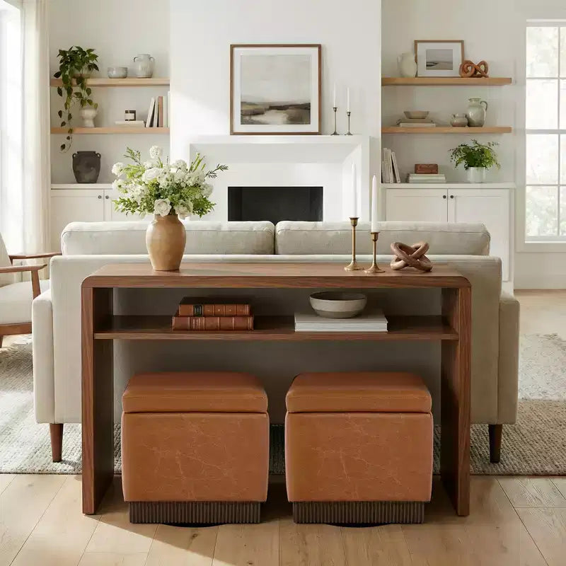Bekrvio Cubo Pouf Contenitore Girevole, Poggiapiedi in Pelle con Solida Struttura in Legno di Acacia, Tavolino da Salotto, Nessun Montaggio Richiesto