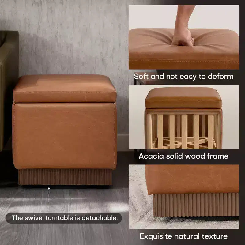 Bekrvio Cubo Pouf Contenitore Girevole, Poggiapiedi in Pelle con Solida Struttura in Legno di Acacia, Tavolino da Salotto, Nessun Montaggio Richiesto