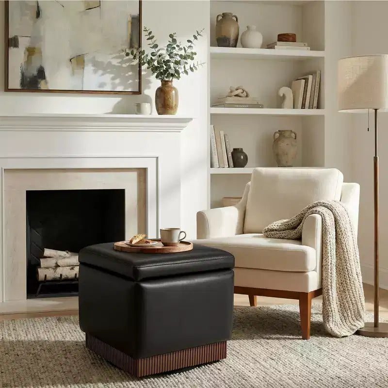 Bekrvio Cubo Pouf Contenitore Girevole, Poggiapiedi in Pelle con Solida Struttura in Legno di Acacia, Tavolino da Salotto, Nessun Montaggio Richiesto