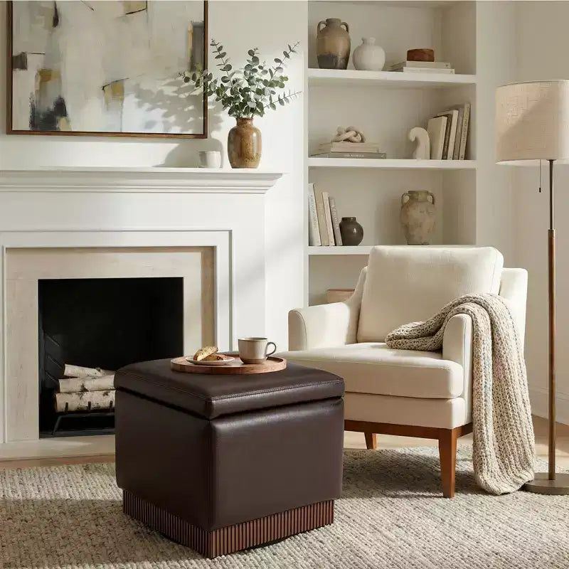 Bekrvio Cubo Pouf Contenitore Girevole, Poggiapiedi in Pelle con Solida Struttura in Legno di Acacia, Tavolino da Salotto, Nessun Montaggio Richiesto
