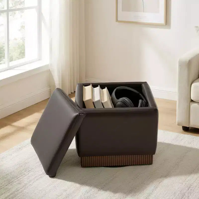 Bekrvio Cubo Pouf Contenitore Girevole, Poggiapiedi in Pelle con Solida Struttura in Legno di Acacia, Tavolino da Salotto, Nessun Montaggio Richiesto