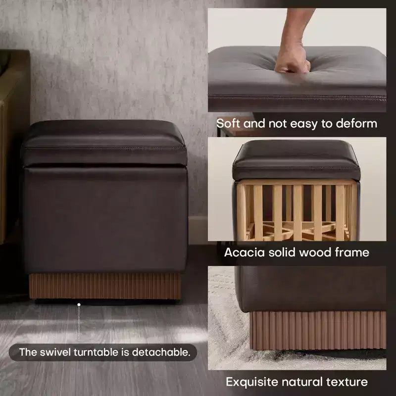 Bekrvio Cubo Pouf Contenitore Girevole, Poggiapiedi in Pelle con Solida Struttura in Legno di Acacia, Tavolino da Salotto, Nessun Montaggio Richiesto