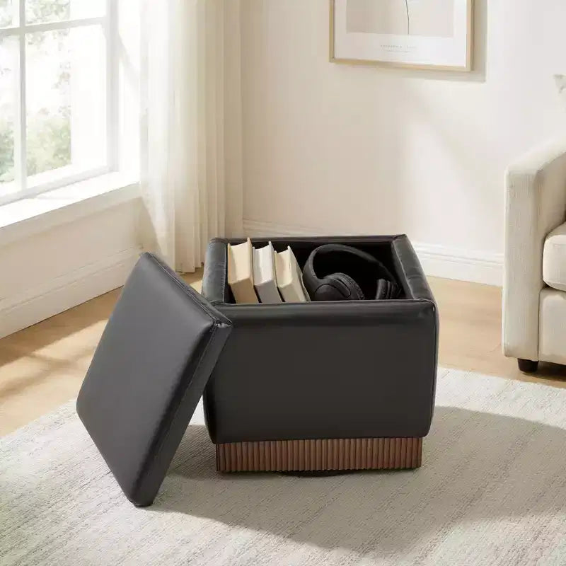 Bekrvio Cubo Pouf Contenitore Girevole, Poggiapiedi in Pelle con Solida Struttura in Legno di Acacia, Tavolino da Salotto, Nessun Montaggio Richiesto
