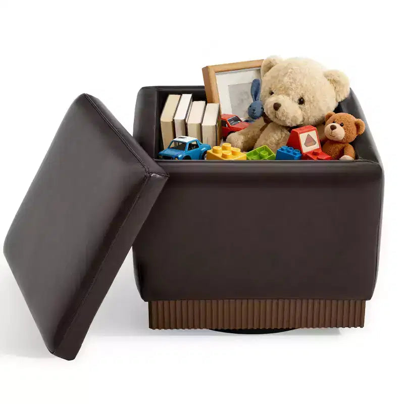 Bekrvio Cubo Pouf Contenitore Girevole, Poggiapiedi in Pelle con Solida Struttura in Legno di Acacia, Tavolino da Salotto, Nessun Montaggio Richiesto