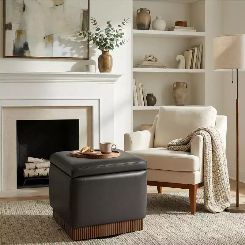 Bekrvio Cubo Pouf Contenitore Girevole, Poggiapiedi in Pelle con Solida Struttura in Legno di Acacia, Tavolino da Salotto, Nessun Montaggio Richiesto