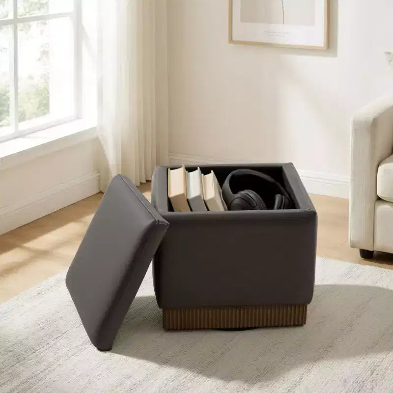 Bekrvio Cubo Pouf Contenitore Girevole, Poggiapiedi in Pelle con Solida Struttura in Legno di Acacia, Tavolino da Salotto, Nessun Montaggio Richiesto