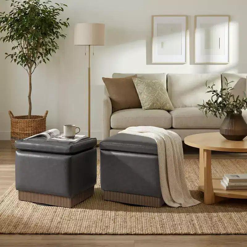 Bekrvio Cubo Pouf Contenitore Girevole, Poggiapiedi in Pelle con Solida Struttura in Legno di Acacia, Tavolino da Salotto, Nessun Montaggio Richiesto