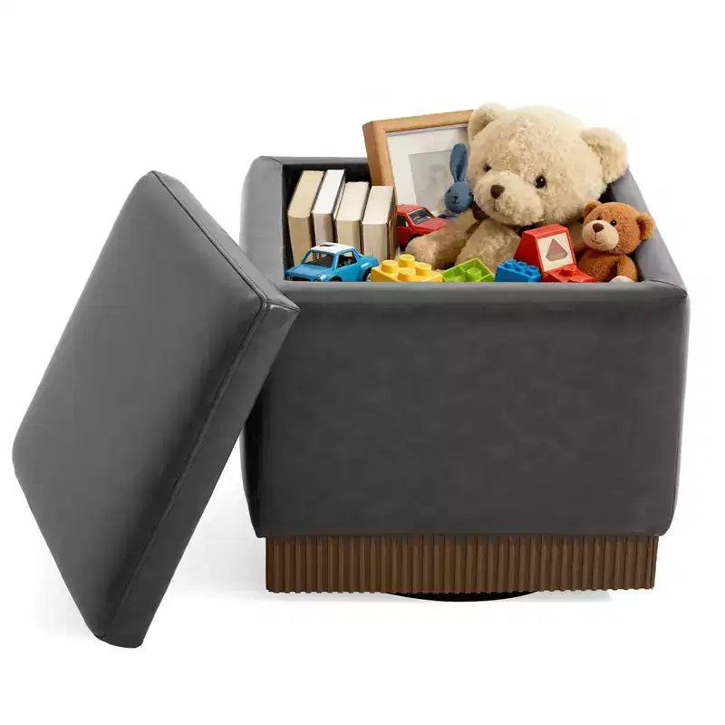 Bekrvio Cubo Pouf Contenitore Girevole, Poggiapiedi in Pelle con Solida Struttura in Legno di Acacia, Tavolino da Salotto, Nessun Montaggio Richiesto