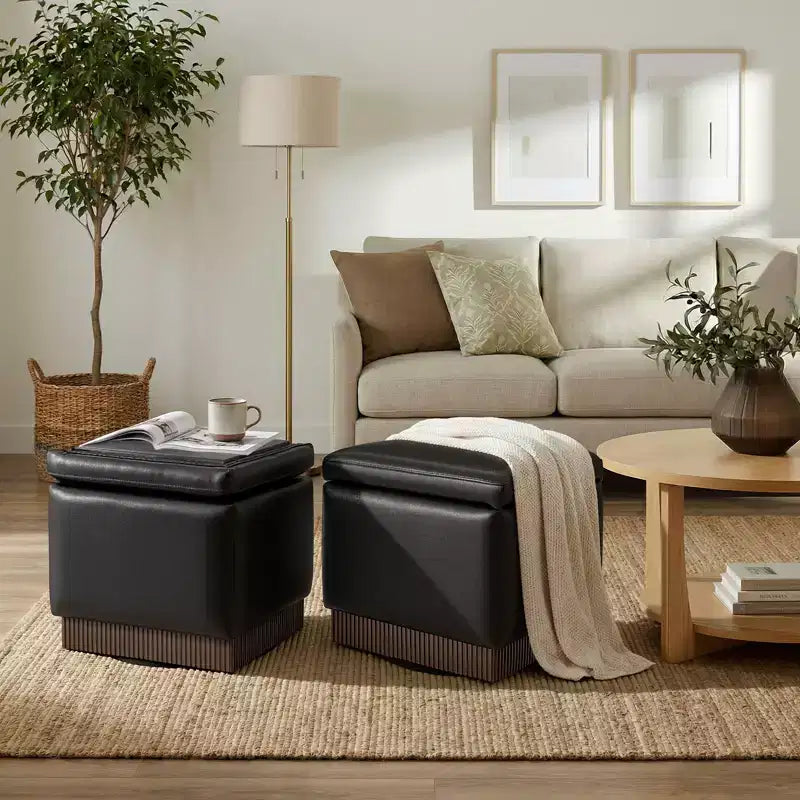 Bekrvio Cubo Pouf Contenitore Girevole, Poggiapiedi in Pelle con Solida Struttura in Legno di Acacia, Tavolino da Salotto, Nessun Montaggio Richiesto