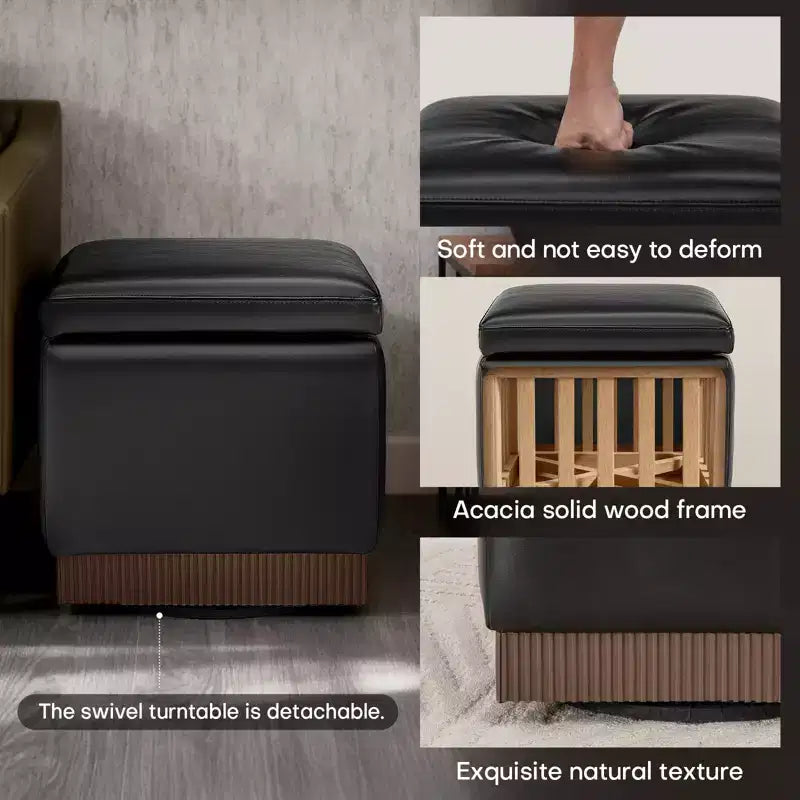 Bekrvio Cubo Pouf Contenitore Girevole, Poggiapiedi in Pelle con Solida Struttura in Legno di Acacia, Tavolino da Salotto, Nessun Montaggio Richiesto