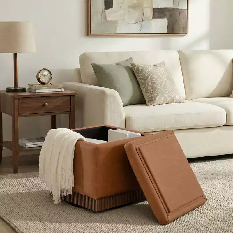 Bekrvio Cubo Pouf Contenitore Girevole, Poggiapiedi in Pelle con Solida Struttura in Legno di Acacia, Tavolino da Salotto, Nessun Montaggio Richiesto