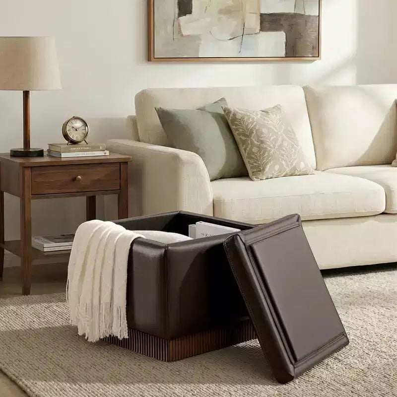 Bekrvio Cubo Pouf Contenitore Girevole, Poggiapiedi in Pelle con Solida Struttura in Legno di Acacia, Tavolino da Salotto, Nessun Montaggio Richiesto