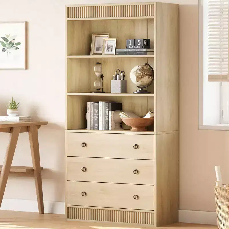 Bookshelf with Drawers 70.8 Fluted Bookcase, Light Wood Bookshelf 6 Tier Bookcase with Storage, Tall Book Shelf with Waved Design, Storage Cabinet